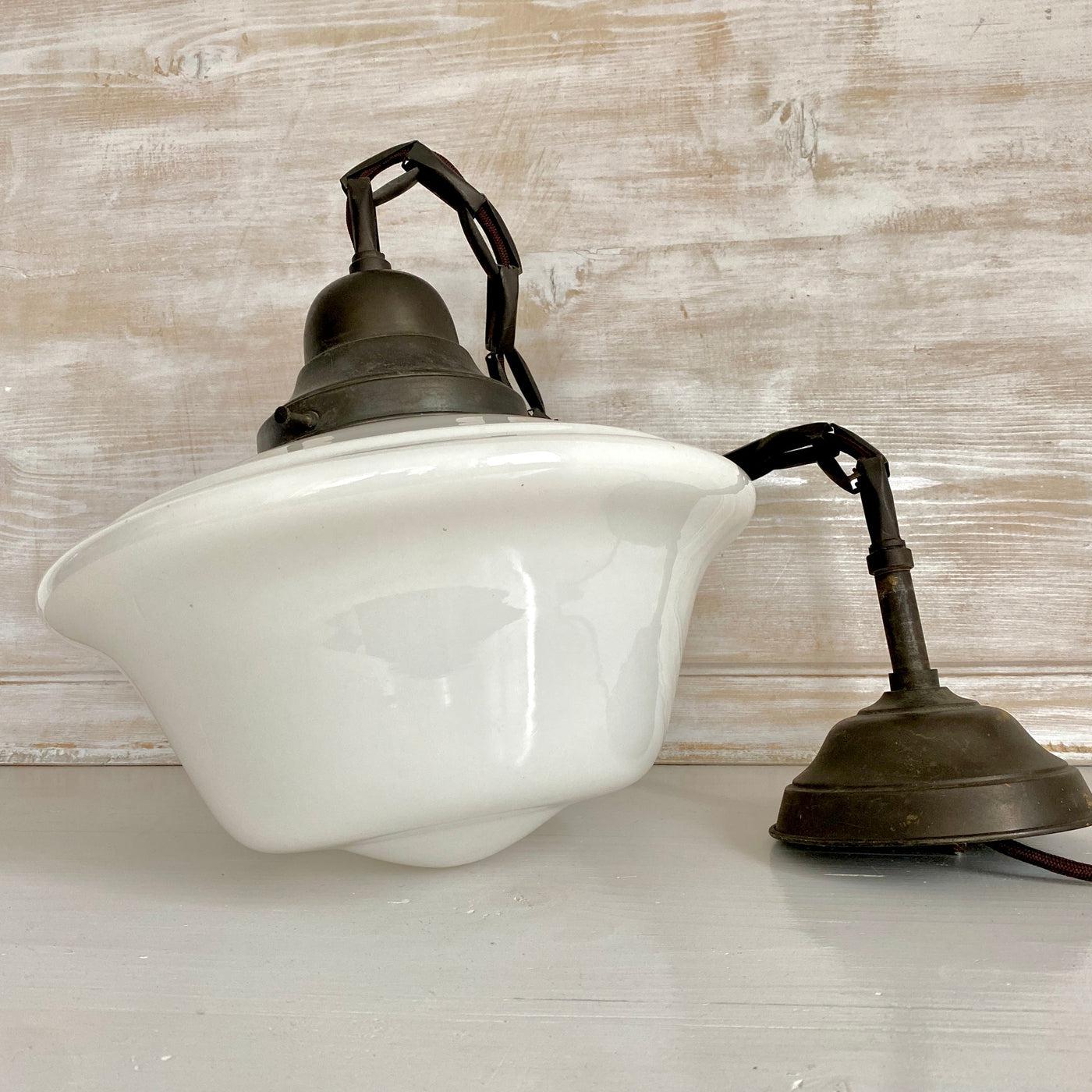 Antique 30s Philips pendant lamp, milk glass schoolhouse light-Sweet Antik