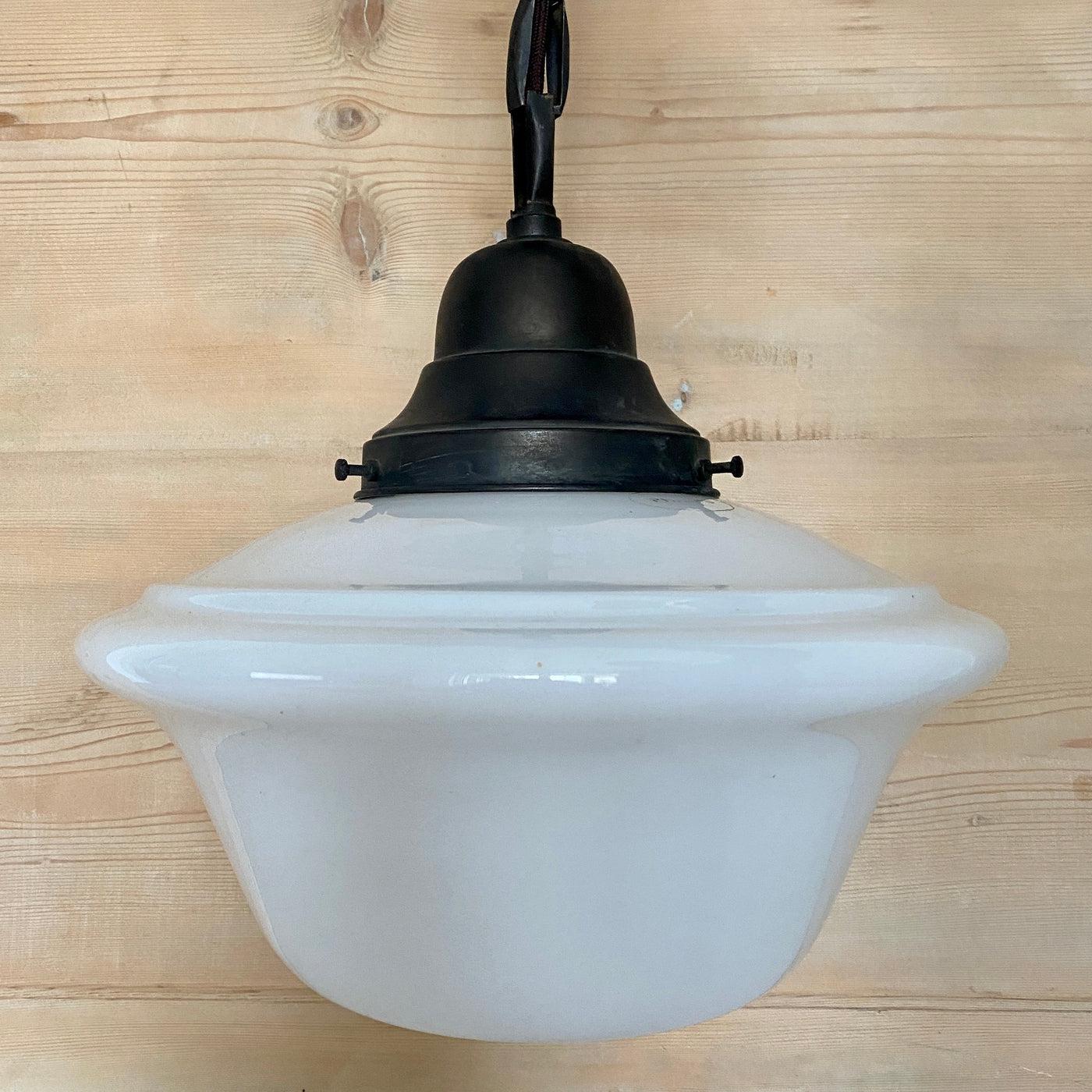 Antique 30s Philips pendant lamp, milk glass schoolhouse light-Sweet Antik