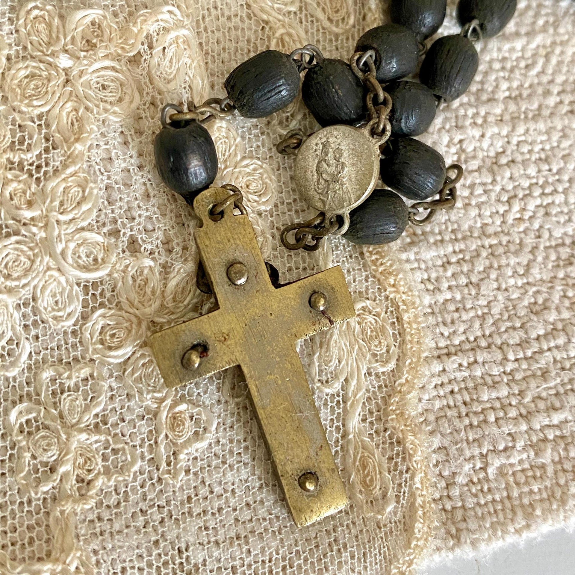 Antique wooden rosary 1930s Virgin Mary brass crucifix-Sweet Antik