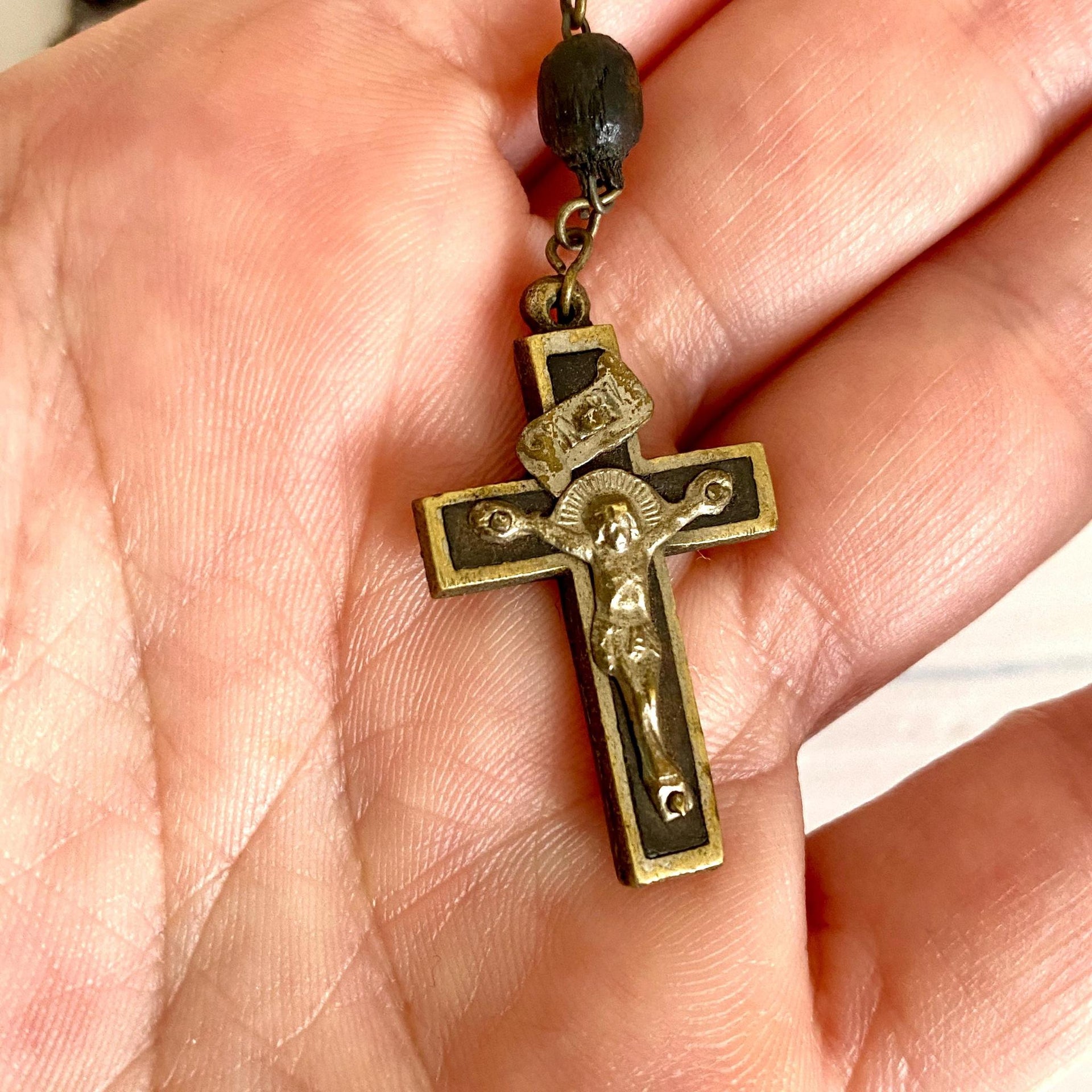 Antique wooden rosary 1930s Virgin Mary brass crucifix-Sweet Antik