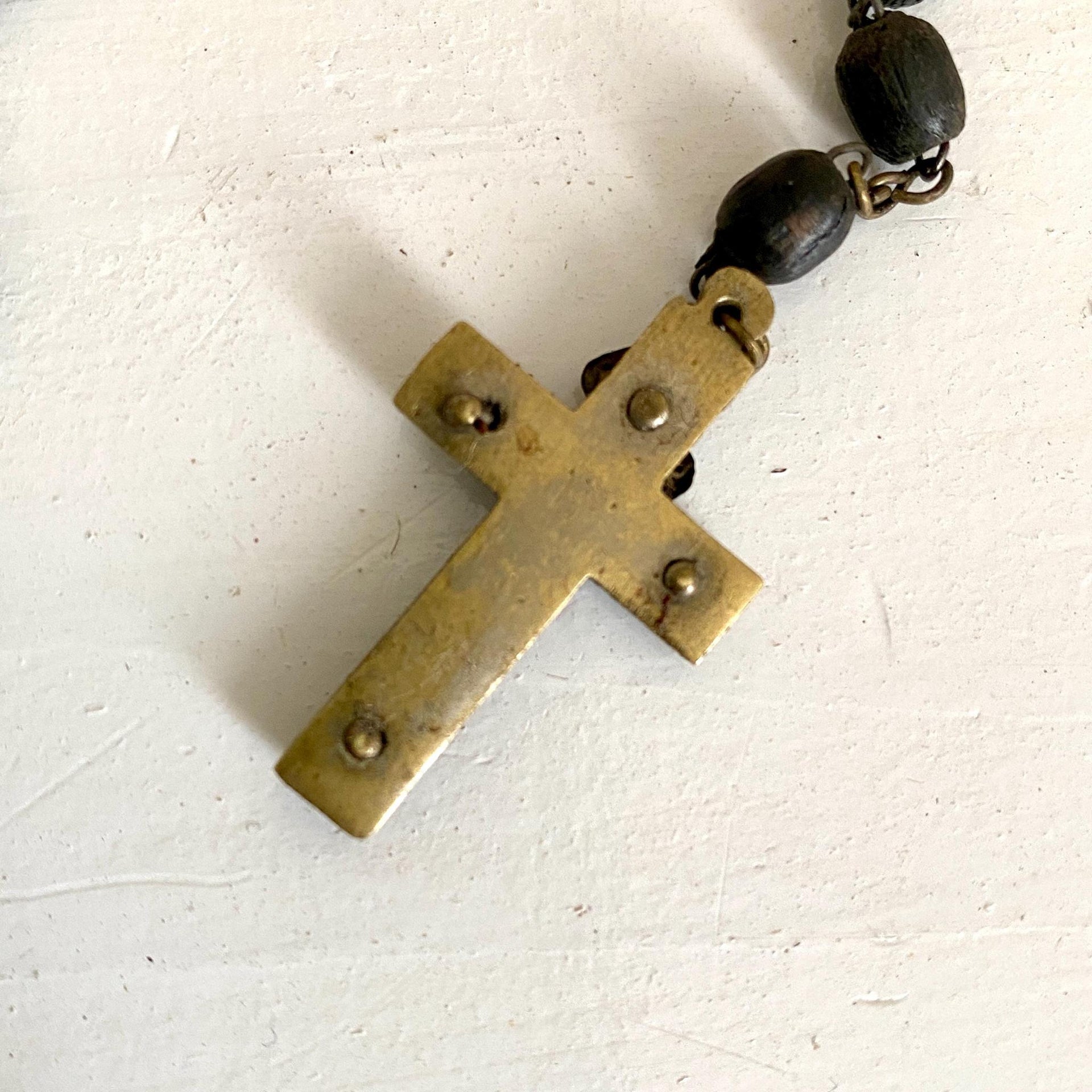 Antique wooden rosary 1930s Virgin Mary brass crucifix-Sweet Antik