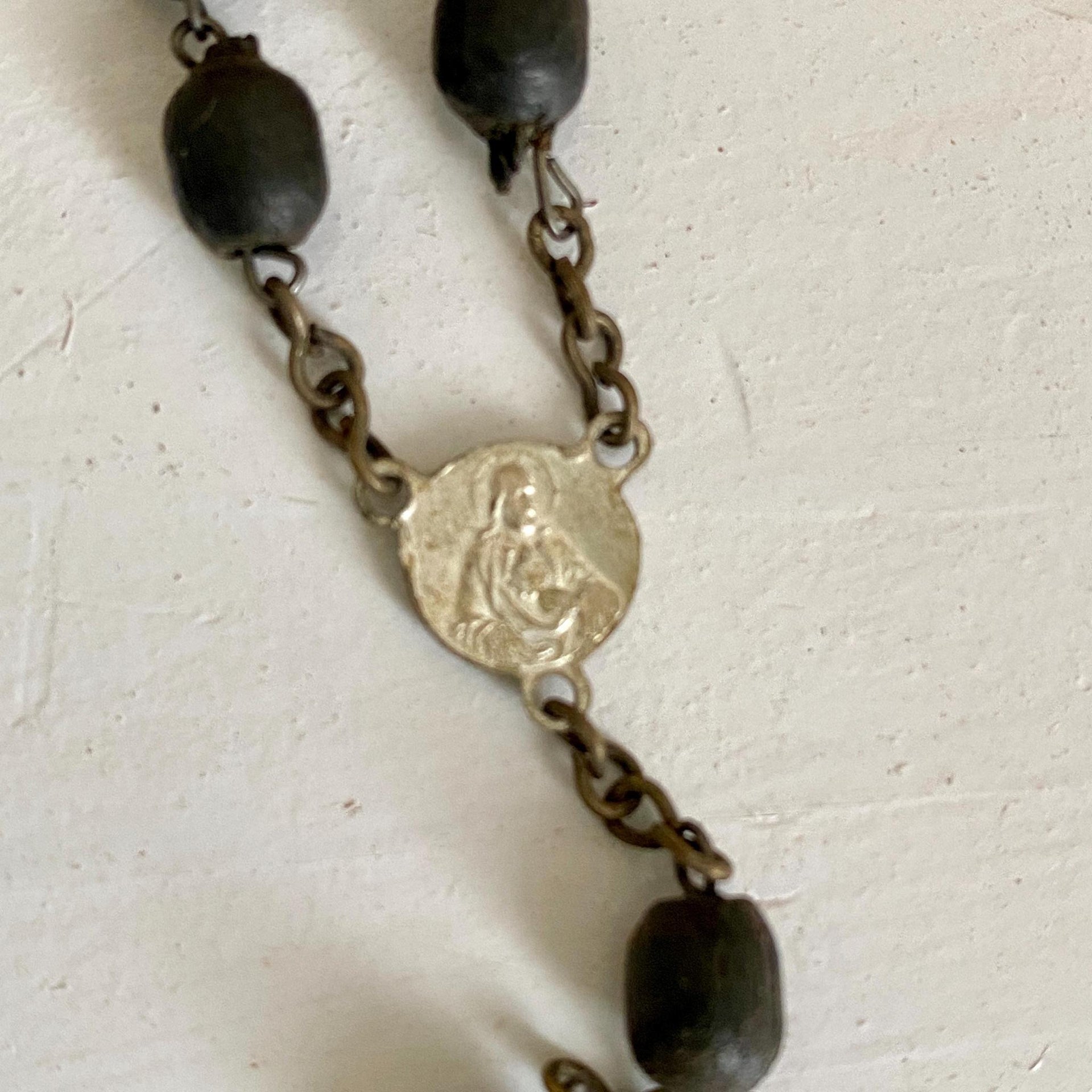 Antique wooden rosary 1930s Virgin Mary brass crucifix-Sweet Antik