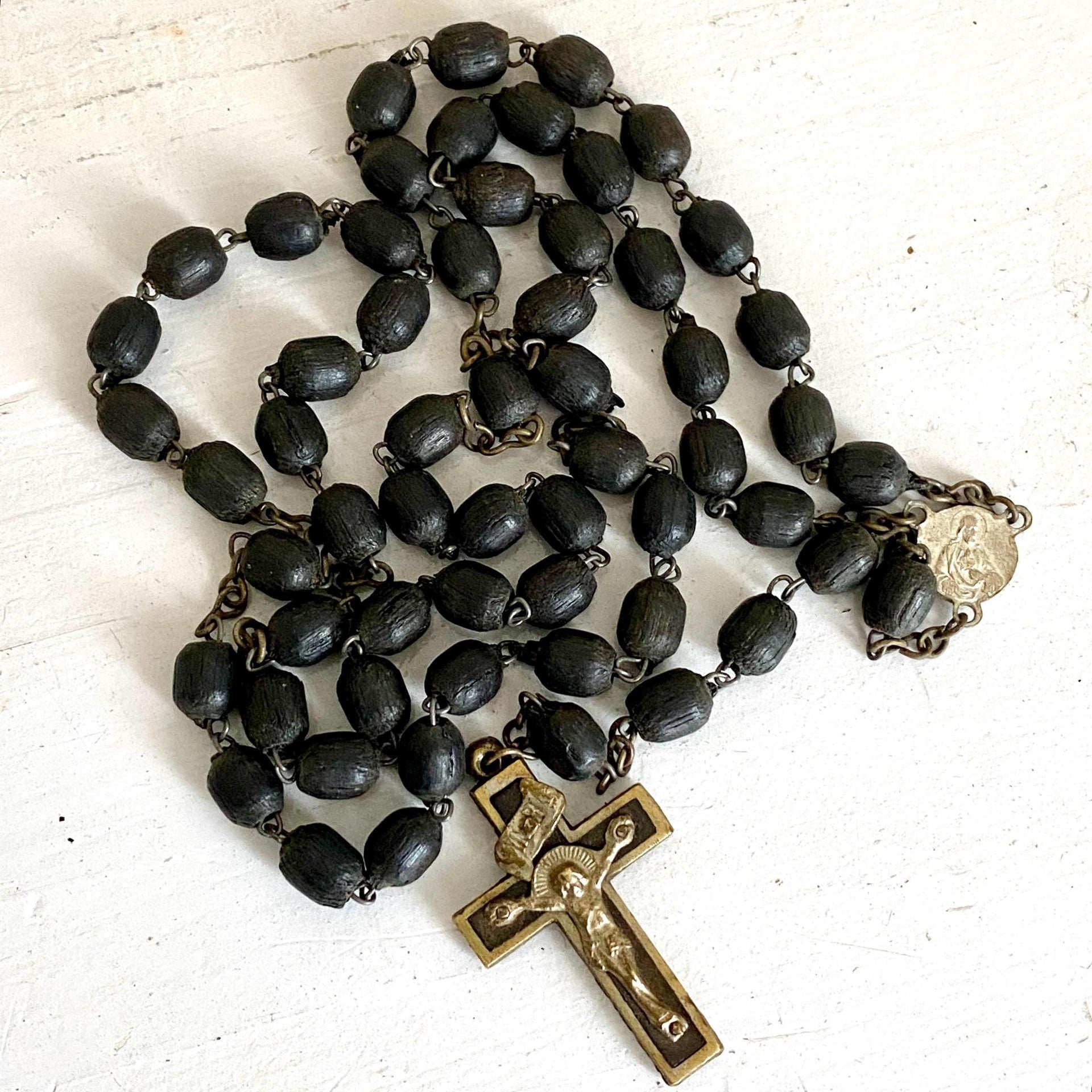 Antique wooden rosary 1930s Virgin Mary brass crucifix-Sweet Antik