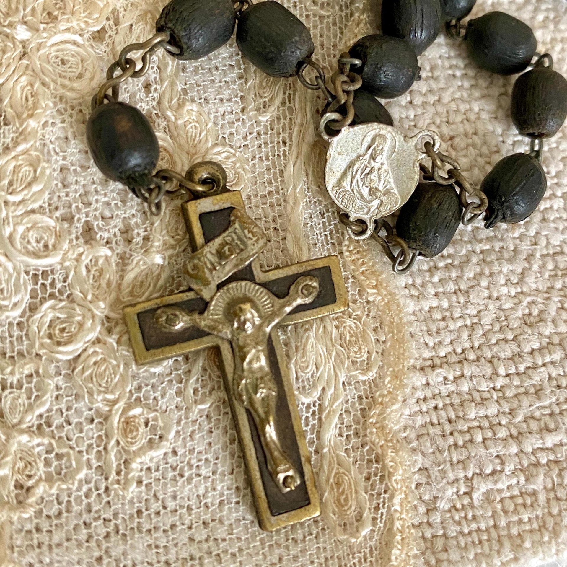 Antique wooden rosary 1930s Virgin Mary brass crucifix-Sweet Antik