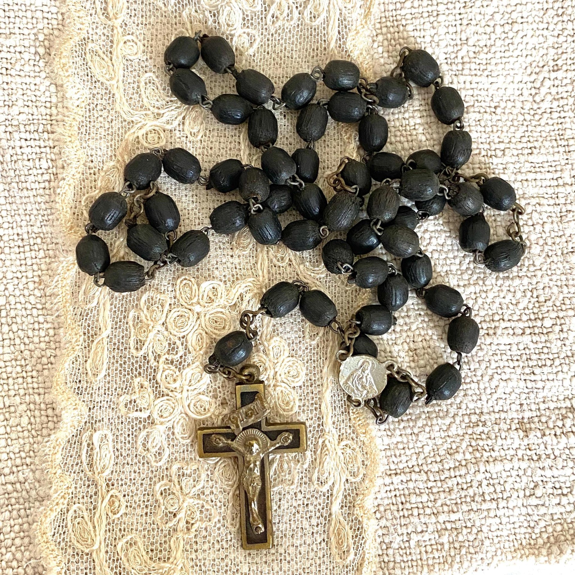 Antique wooden rosary 1930s Virgin Mary brass crucifix-Sweet Antik