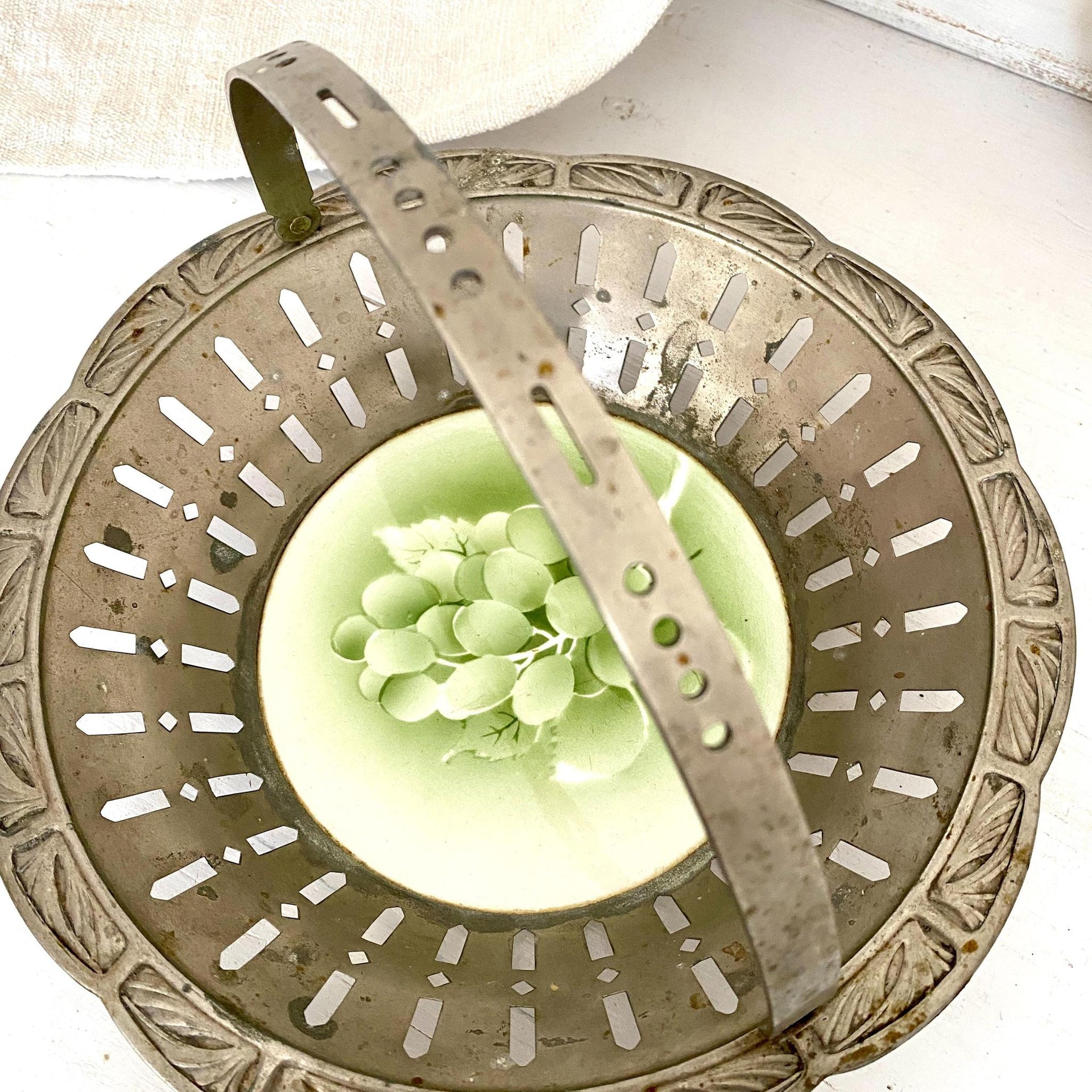 Art Deco fruit bowl or bread basket, metal and ceramic with spray decor, 1930s-Sweet Antik