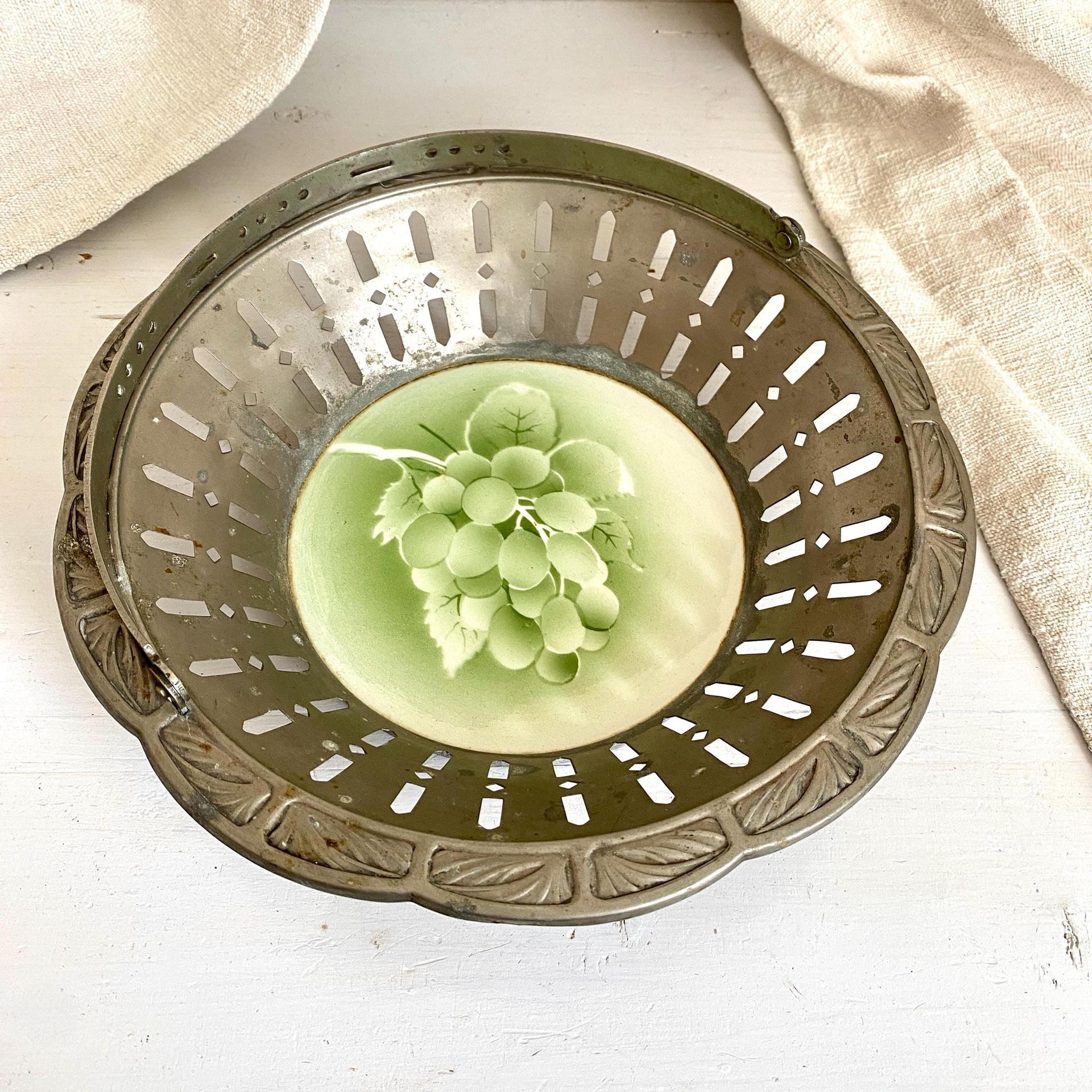 Art Deco fruit bowl or bread basket, metal and ceramic with spray decor, 1930s-Sweet Antik