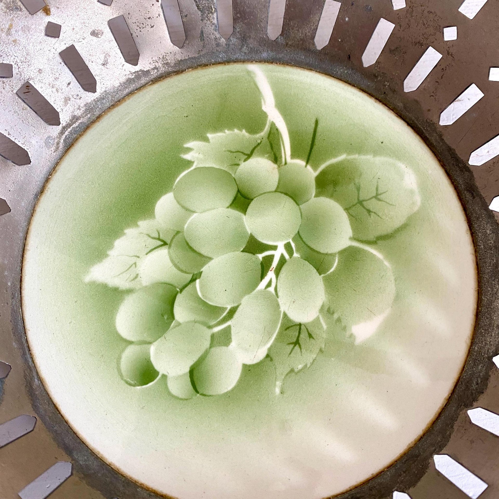 Art Deco fruit bowl or bread basket, metal and ceramic with spray decor, 1930s-Sweet Antik