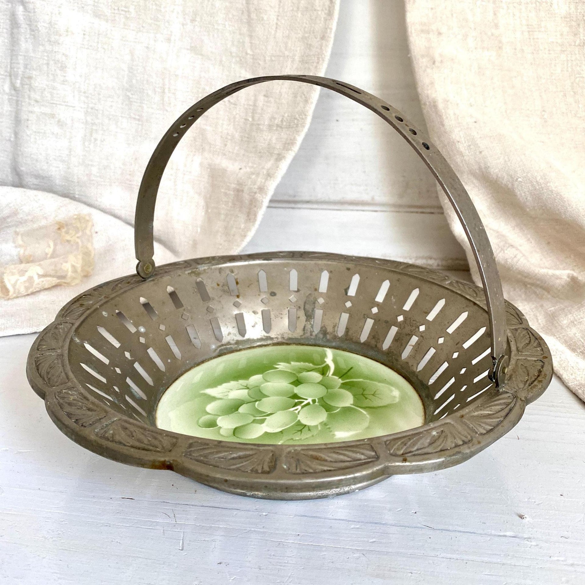 Art Deco fruit bowl or bread basket, metal and ceramic with spray decor, 1930s-Sweet Antik