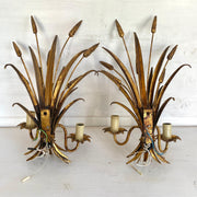 HANS KÖGL gilt tole wall lamps wheat sheaf pair bedside lights sconces with pull cord switch 1970s