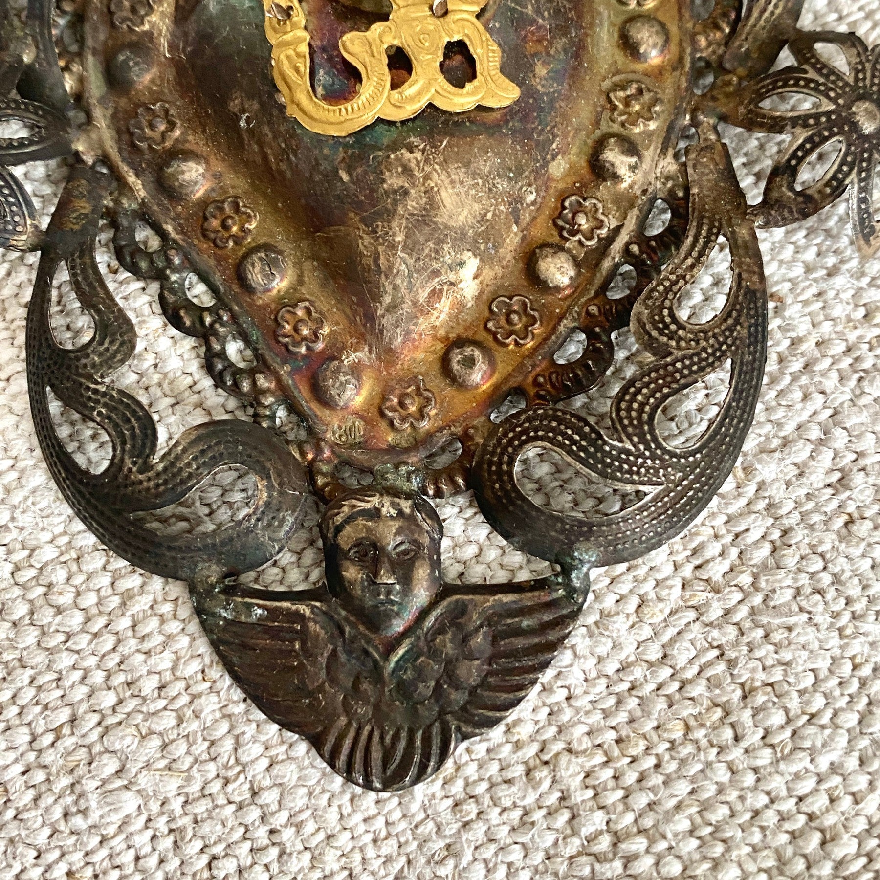 Antique large Italian Ex Voto silverplate sacred heart cherub angel | 0888-vintage-Ex Voto-Sweet Antik