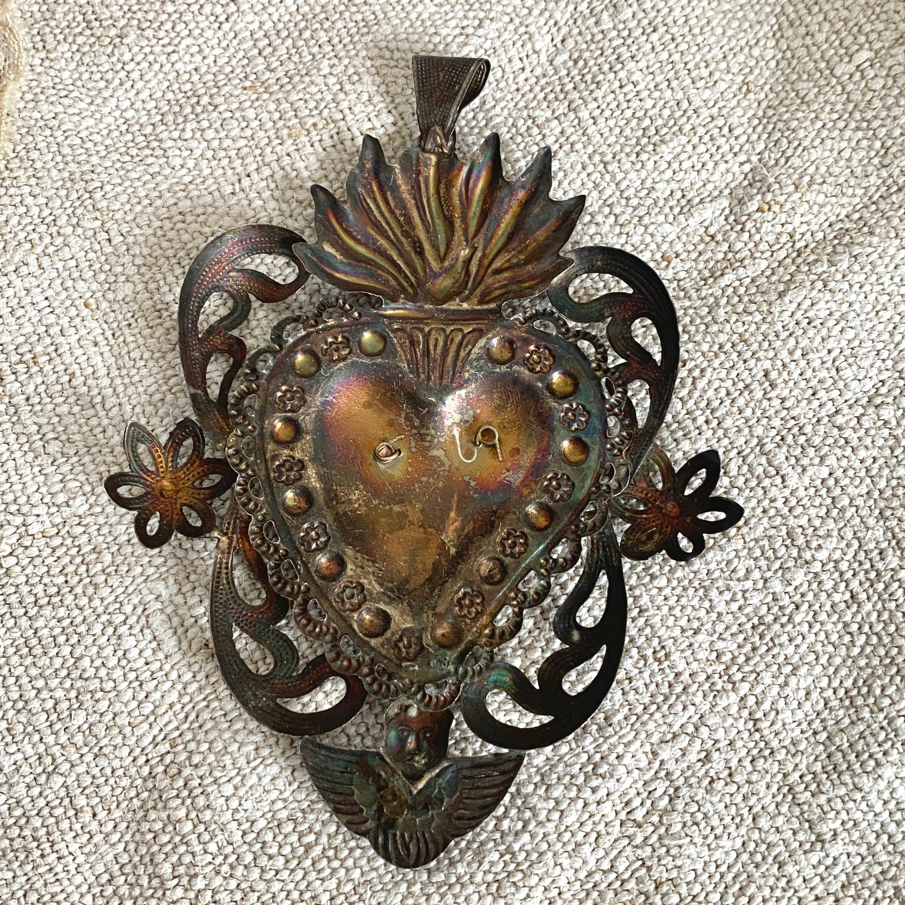 Antique large Italian Ex Voto silverplate sacred heart cherub angel | 0888-vintage-Ex Voto-Sweet Antik