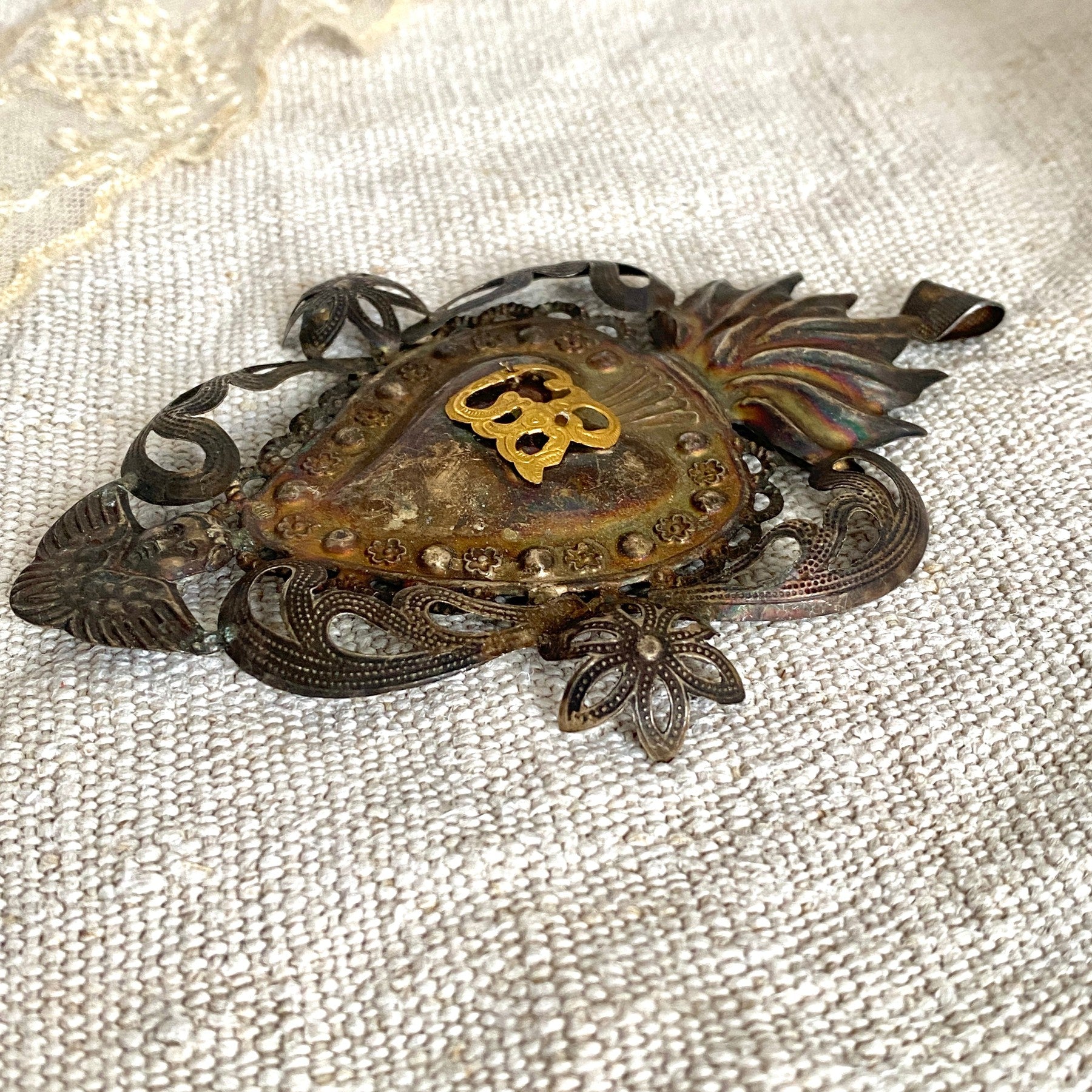 Antique large Italian Ex Voto silverplate sacred heart cherub angel | 0888-vintage-Ex Voto-Sweet Antik