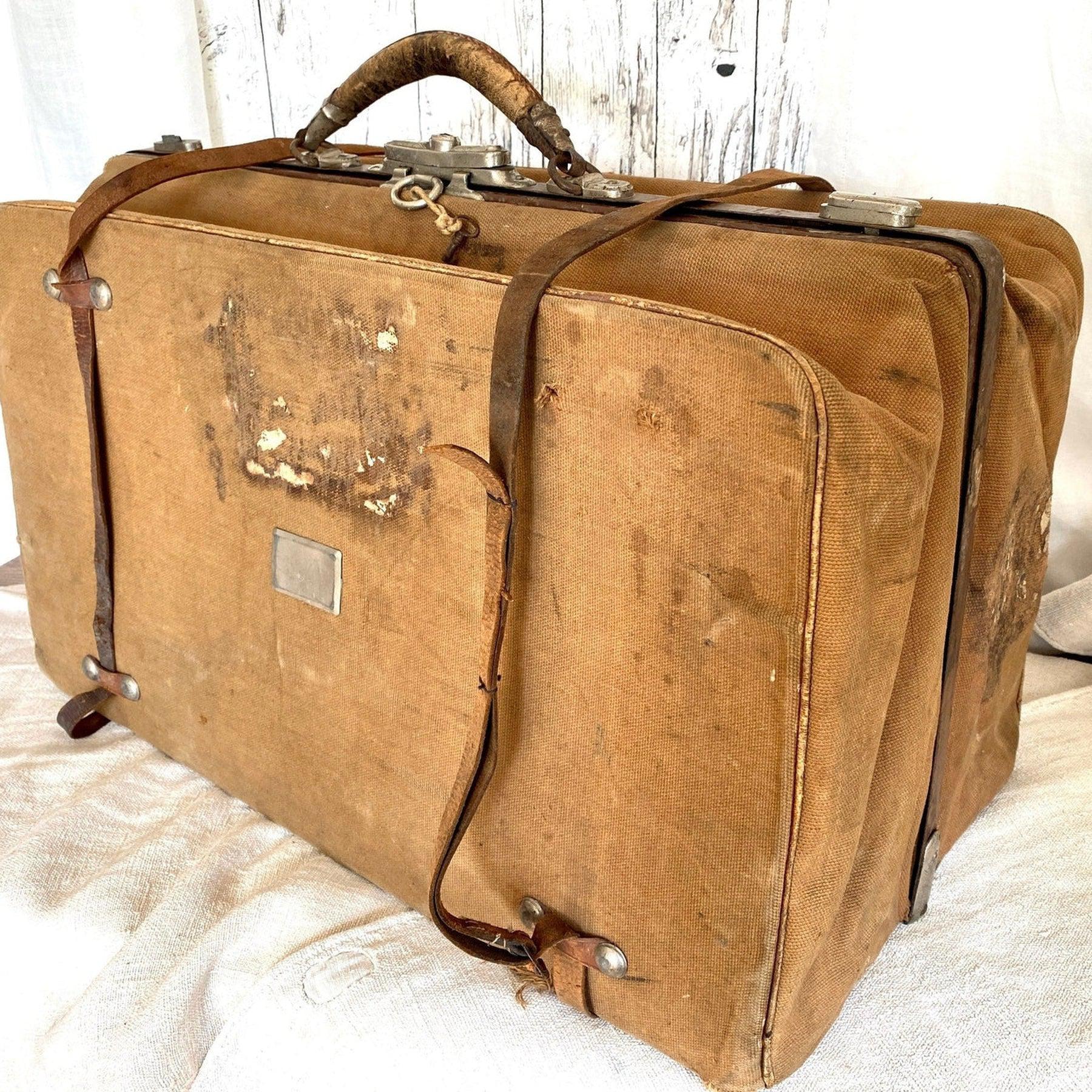 Vintage Style English Leather and Canvas Gladstone Satchel or