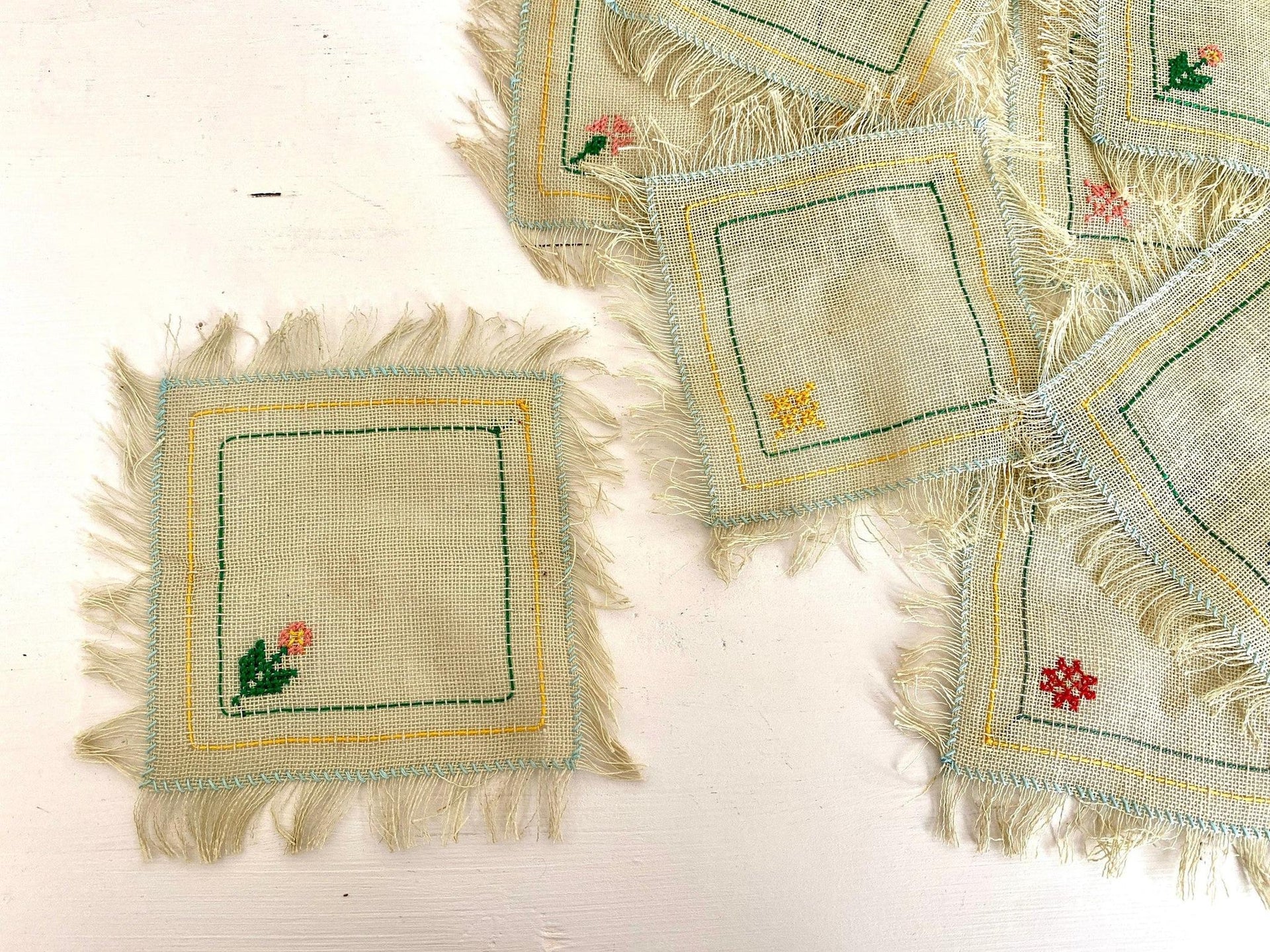 Antique tea coaster or napkin hand embroidered canvas 1930s, set of 8-Sweet Antik