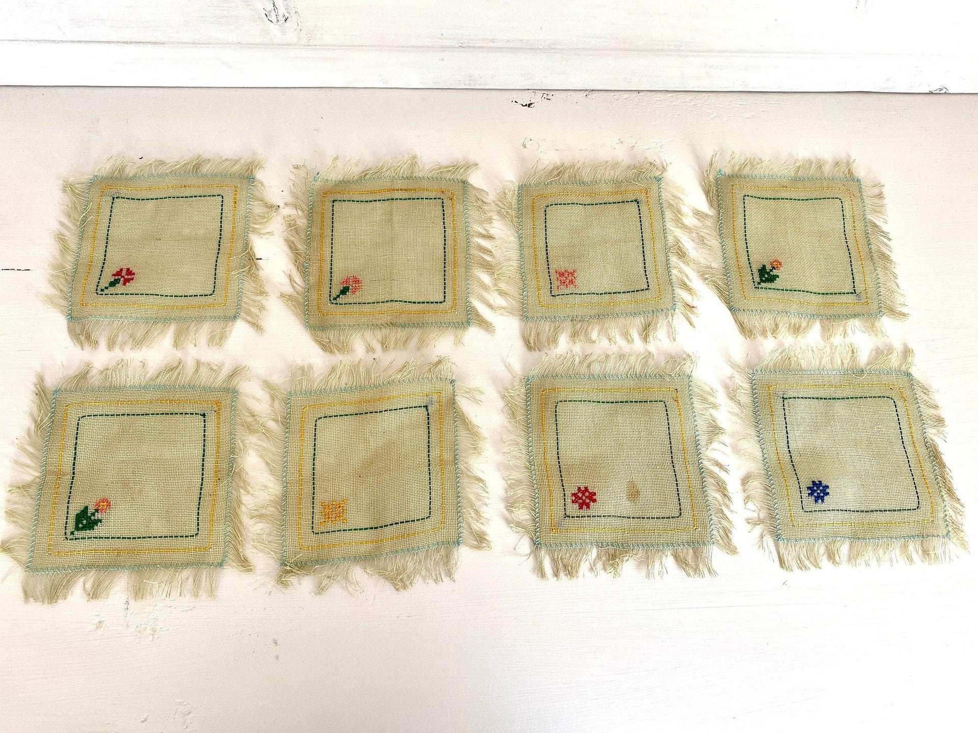 Antique tea coaster or napkin hand embroidered canvas 1930s, set of 8-Sweet Antik