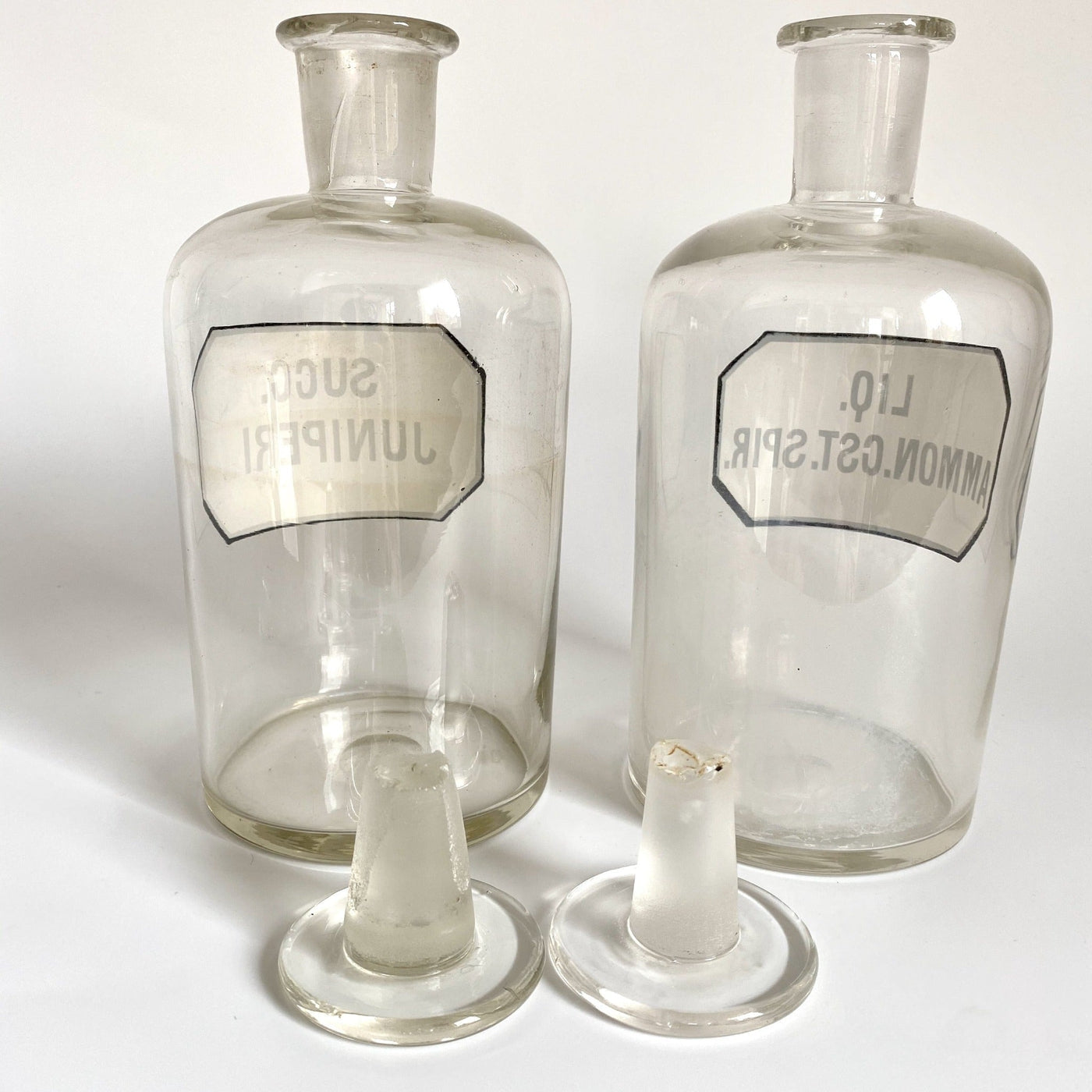 Pair antique apothecary bottles, clear blown glass-vintage-pharmacy bottle-SweetAntik