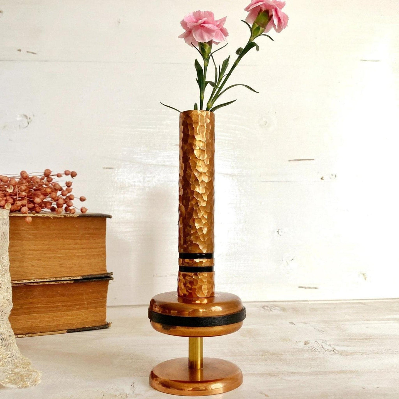 60er Vase Kupfer Hammerschlag Stielvase