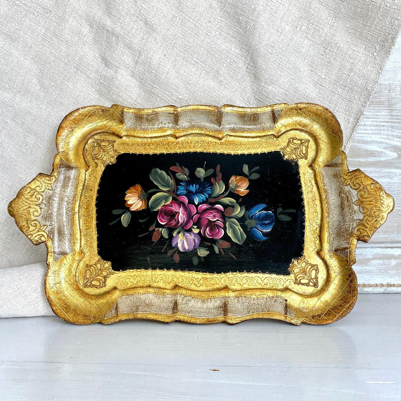 60s vintage Florentine floral serving tray hand painted-Sweet Antik