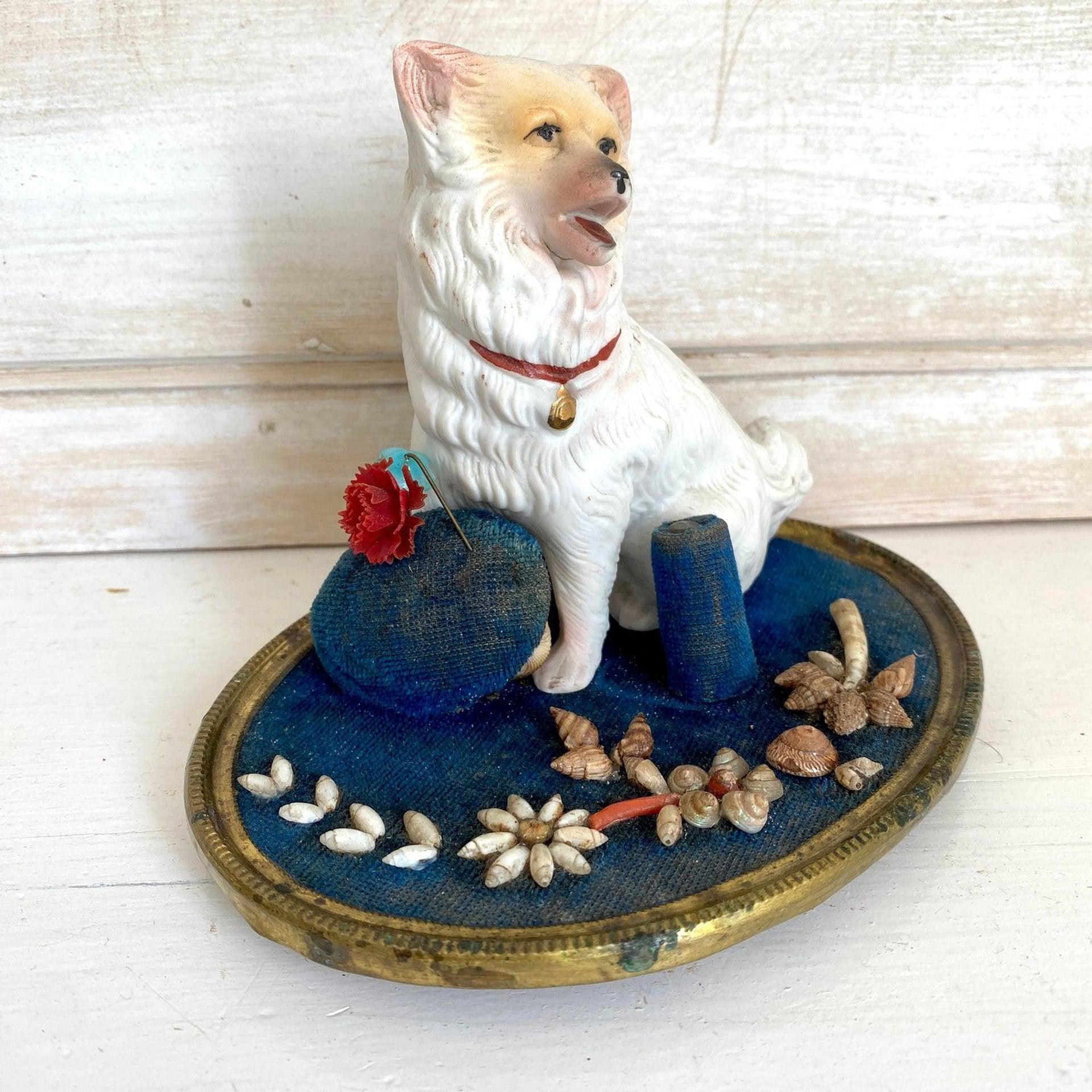 Antique 1800s Victorian pin cushion thimble holder bisque dog and seashells-Sweet Antik