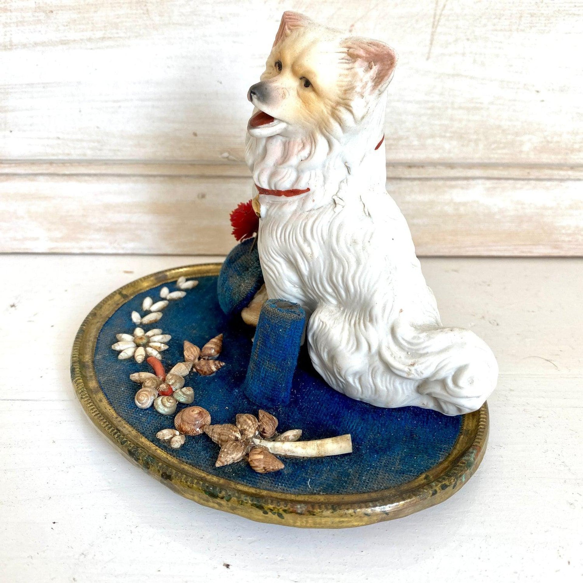 Antique 1800s Victorian pin cushion thimble holder bisque dog and seashells-Sweet Antik