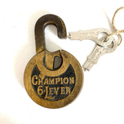 Antique Champion 6-Lever Brass Padlock with 2 keys high shackle Miller Lock-Sweet Antik