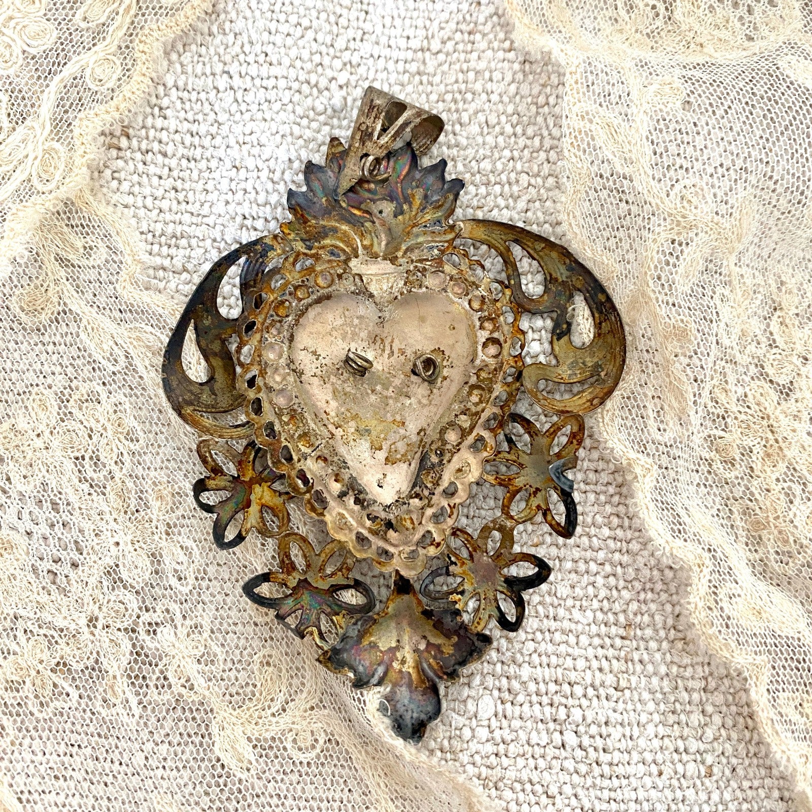 Antique Italian Ex Voto silver plated flaming heart-Sweet Antik