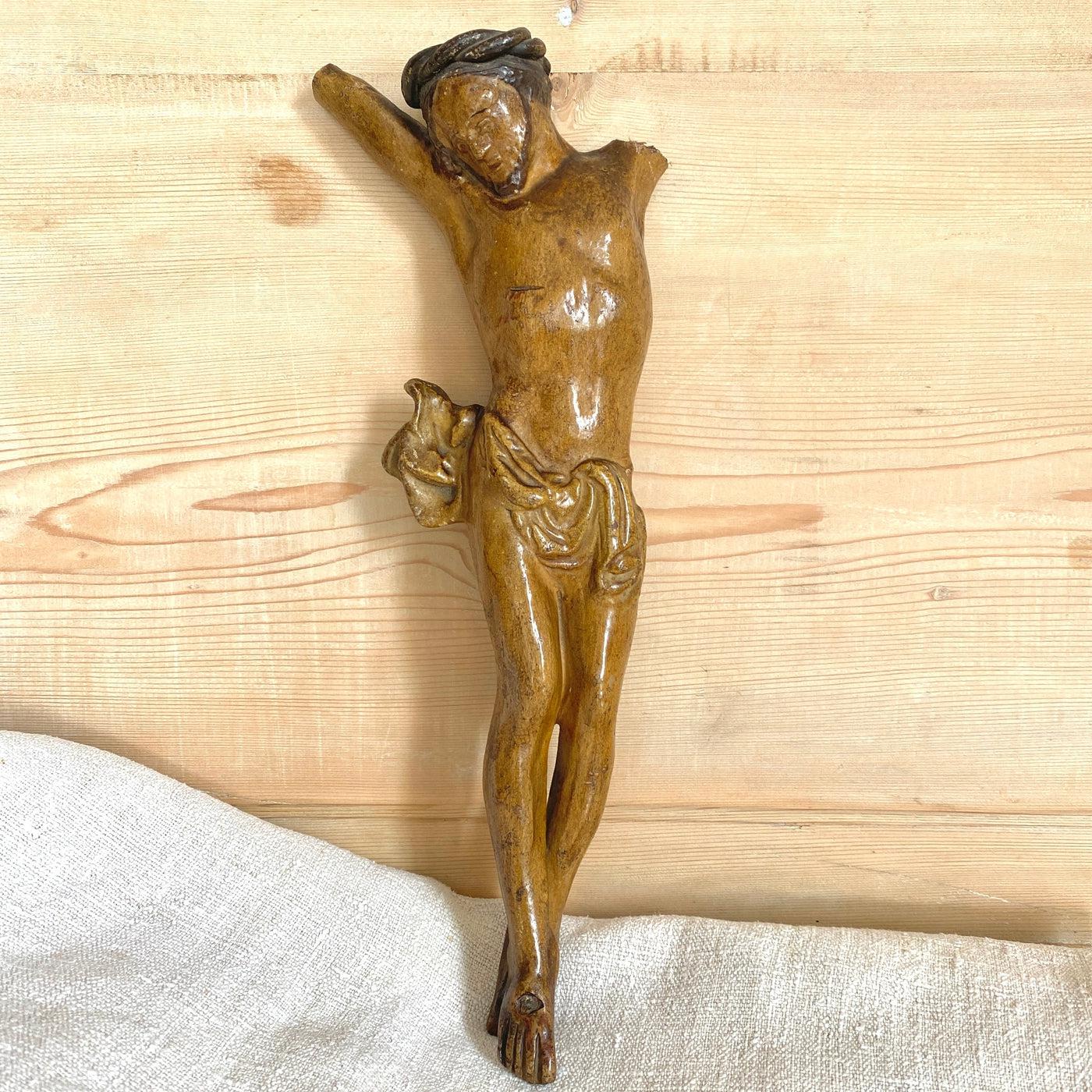 Antique Jesus Christ crucifix terracotta painted figurine 1800s-Sweet Antik