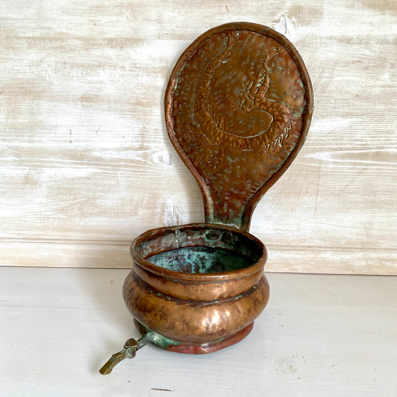antique aquamanile embossed copper church wall hanging washbasin with dragon 18th century