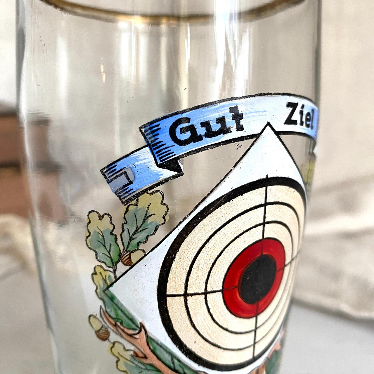 Antique beer glass with enameled hunting decor, bulls eye target "Gut Ziel" Germany 1900 ca.-Sweet Antik