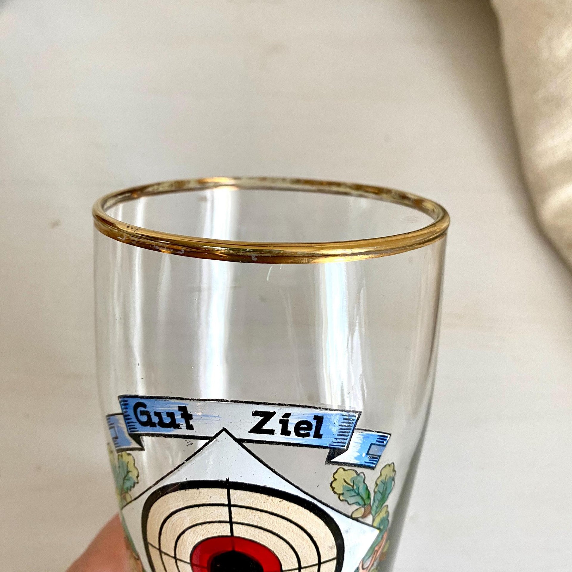Antique beer glass with enameled hunting decor, bulls eye target "Gut Ziel" Germany 1900 ca.-Sweet Antik