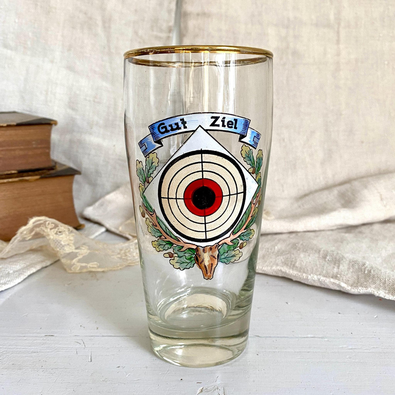 Antique beer glass with enameled hunting decor, bulls eye target "Gut Ziel" Germany 1900 ca.-Sweet Antik