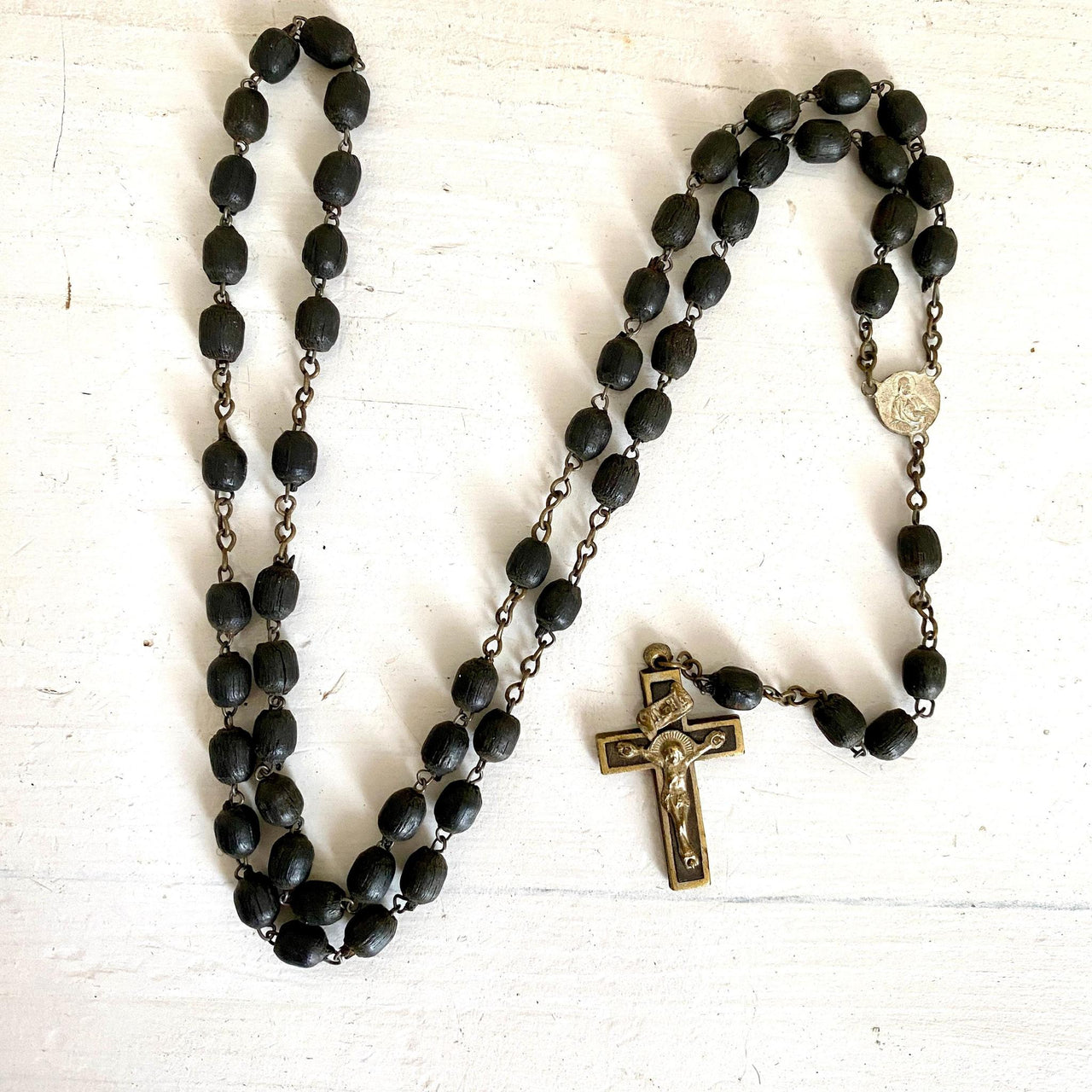 Antique wooden rosary 1930s Virgin Mary brass crucifix-Sweet Antik