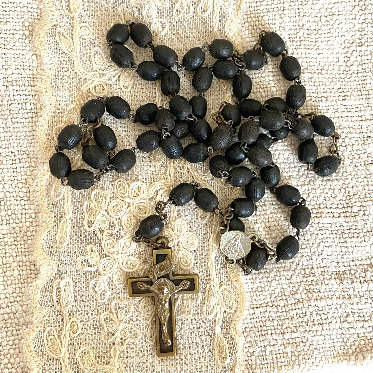 Antique wooden rosary 1930s Virgin Mary brass crucifix-Sweet Antik