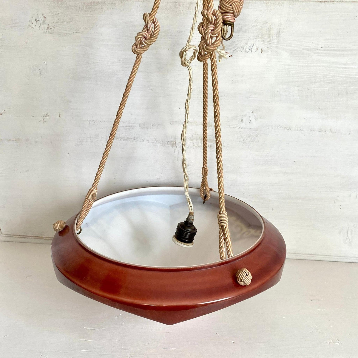 Art Deco Pendelleuchte Lampe Antik Opalglas handbemalt Spritzdekor, um 1930