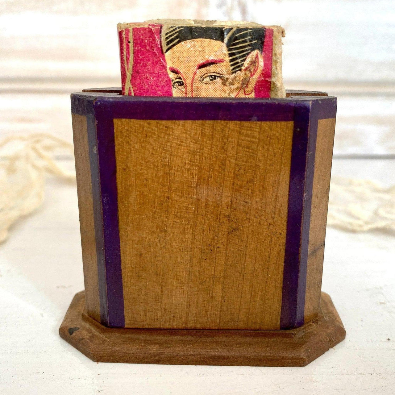 Art Deco Streichholz Schachtelhalter Holz Handbemalt Antik 1920er