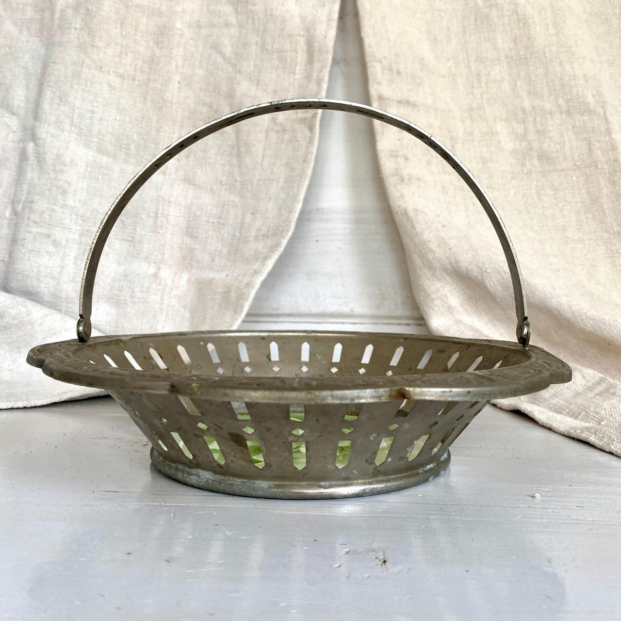 Art Deco fruit bowl or bread basket, metal and ceramic with spray decor, 1930s-Sweet Antik