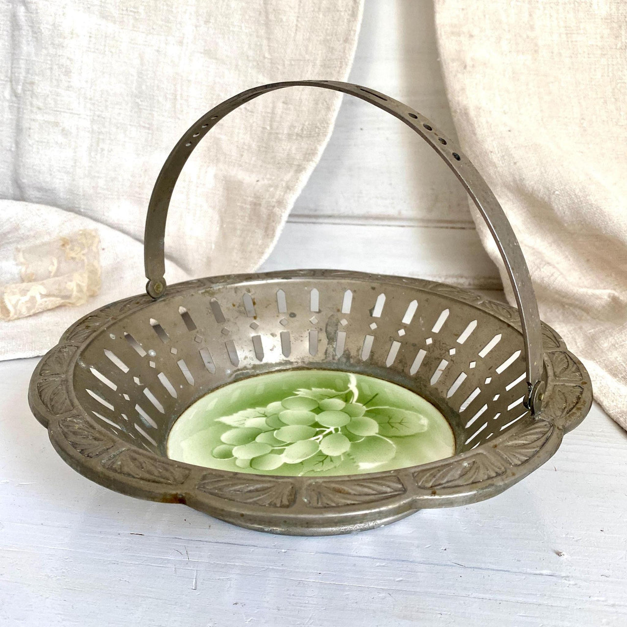 Art Deco fruit bowl or bread basket, metal and ceramic with spray decor, 1930s-Sweet Antik