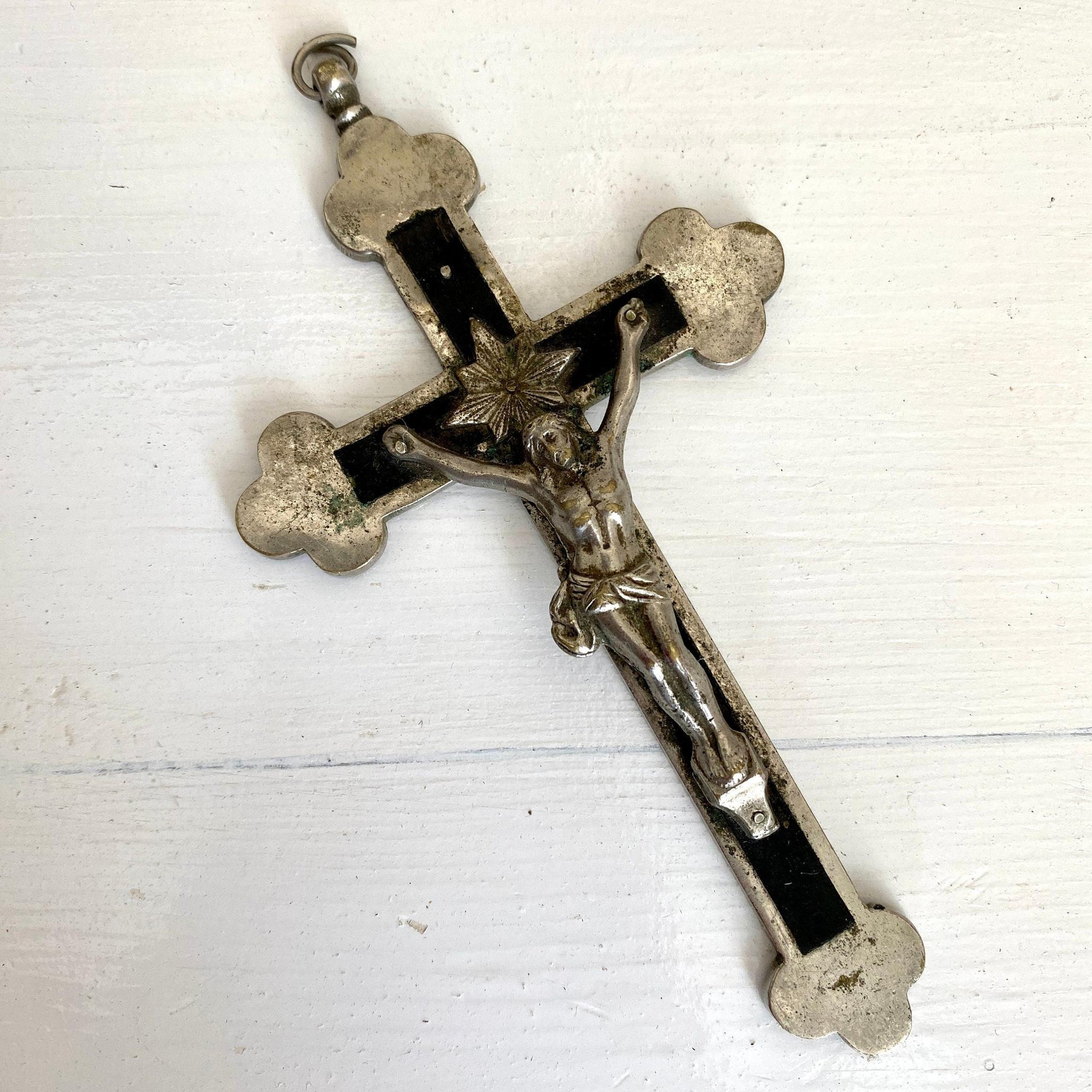 Brustkreuz Kreuz Antik Anhänger Kruzifix Metall Edelholz, um 1930