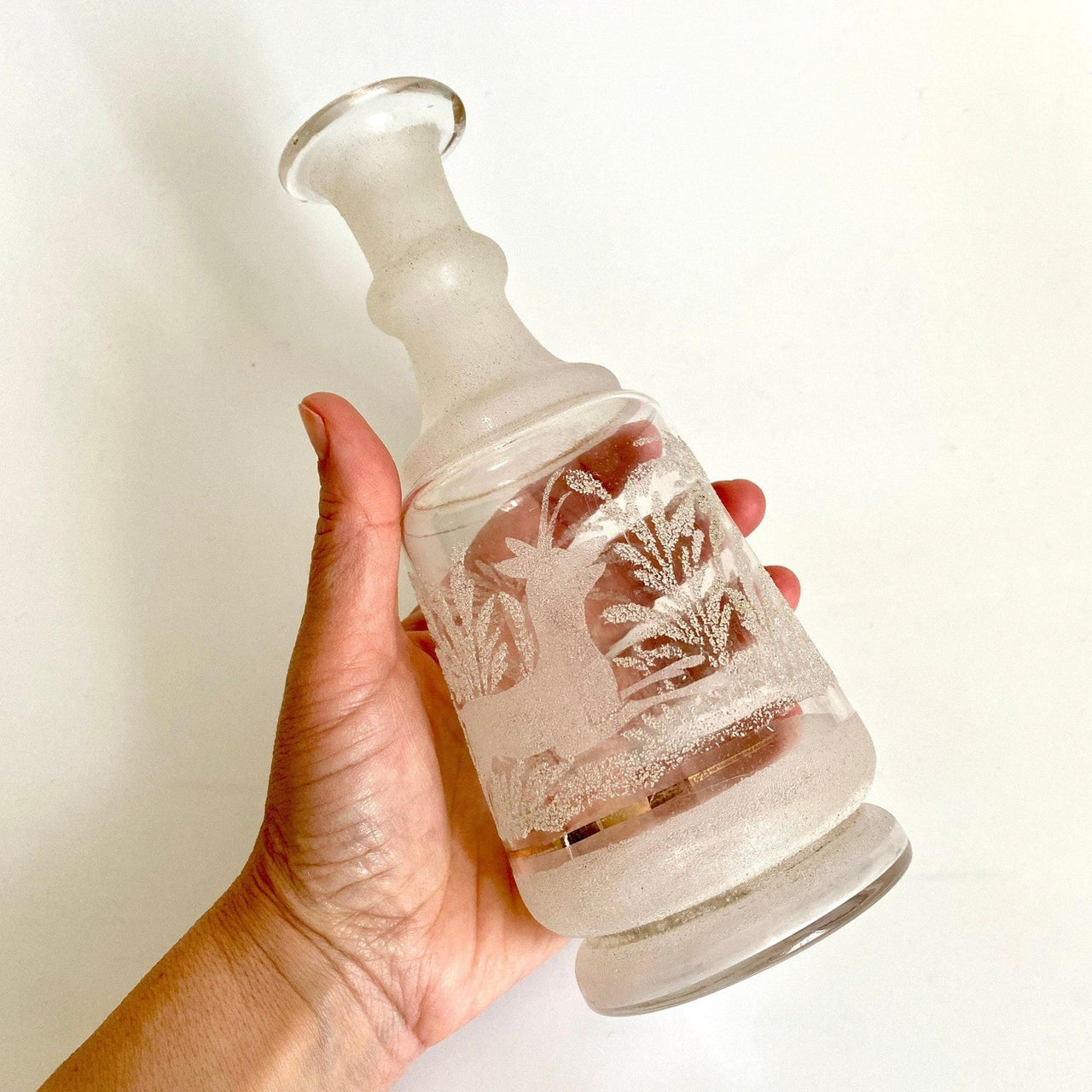 Dekanter Antik 19. Jh. Glas mundgeblasen Glasflasche Hirsch Jagd Motiv