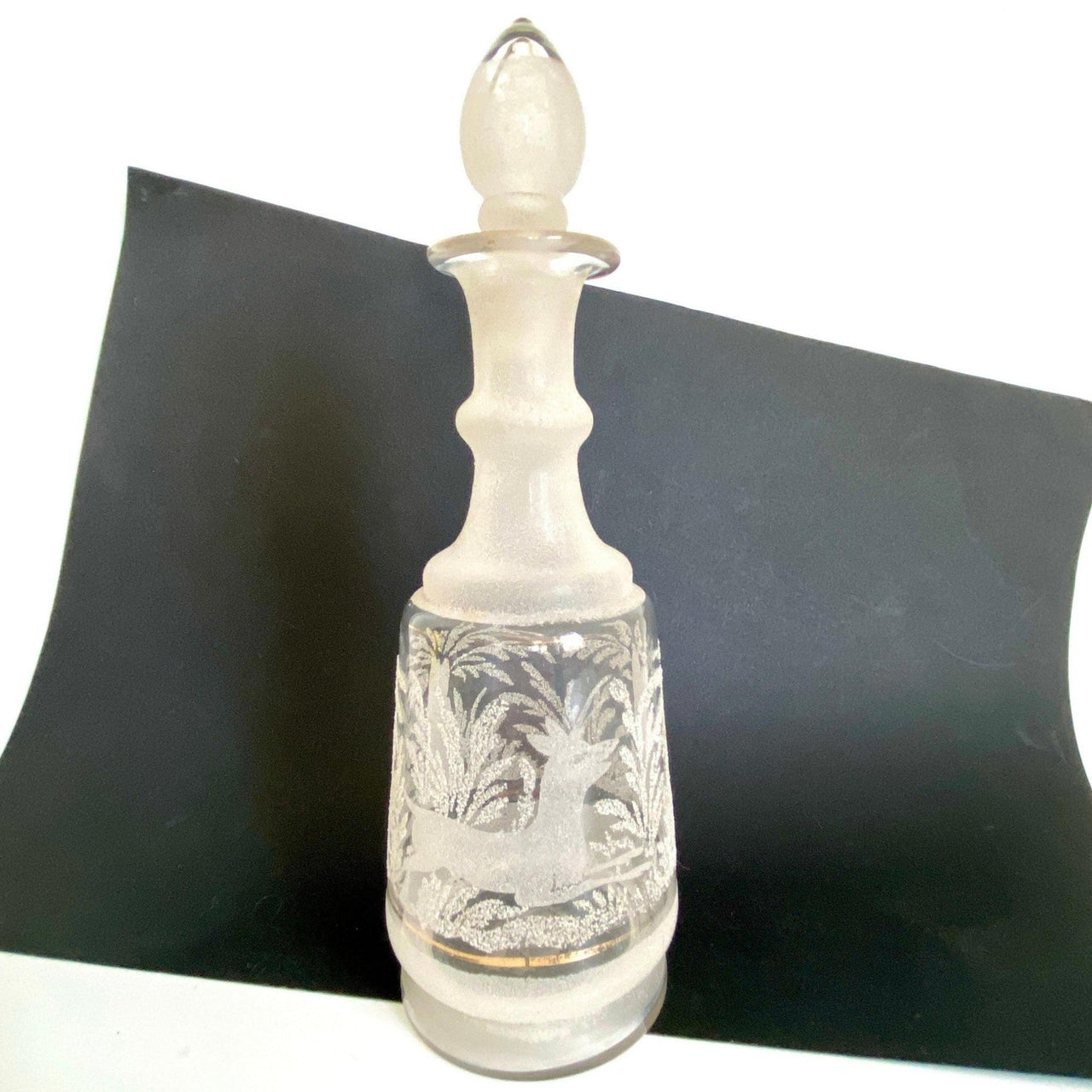 Dekanter Antik 19. Jh. Glas mundgeblasen Glasflasche Hirsch Jagd Motiv