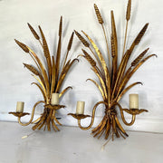 HANS KÖGL gilt tole wall lamps wheat sheaf pair bedside lights sconces with pull cord switch 1970s