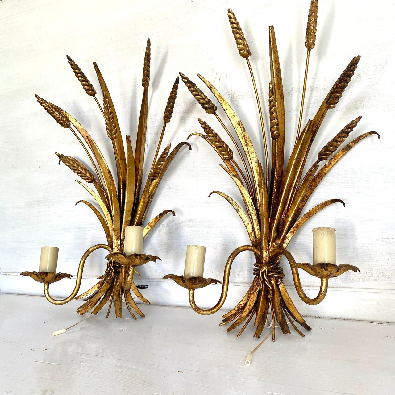 HANS KÖGL gilt tole wall lamps wheat sheaf pair bedside lights sconces with pull cord switch 1970s