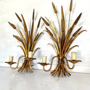 HANS KÖGL gilt tole wall lamps wheat sheaf pair bedside lights sconces with pull cord switch 1970s