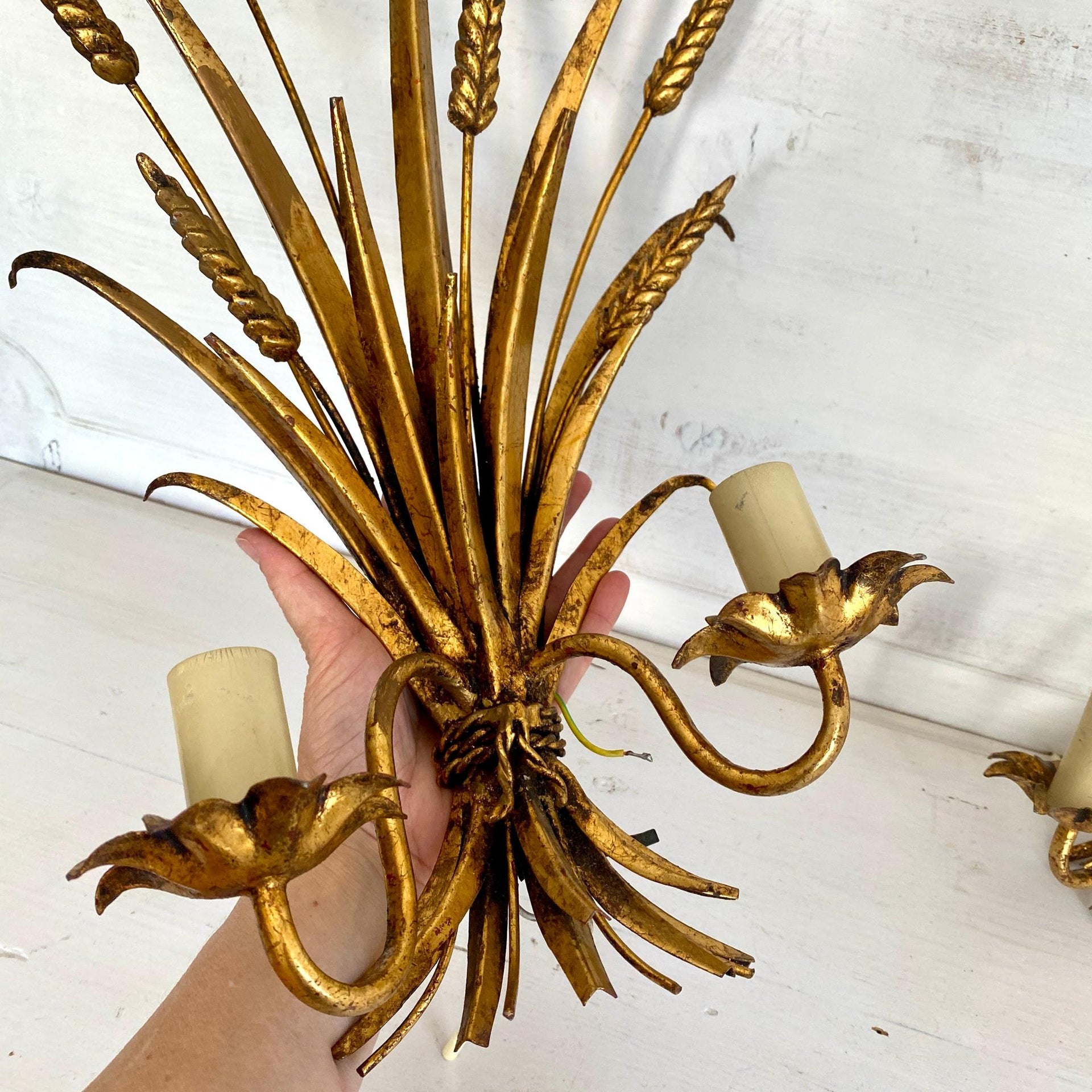 HANS KÖGL gilt tole wall lamps wheat sheaf pair bedside lights sconces with pull cord switch 1970s