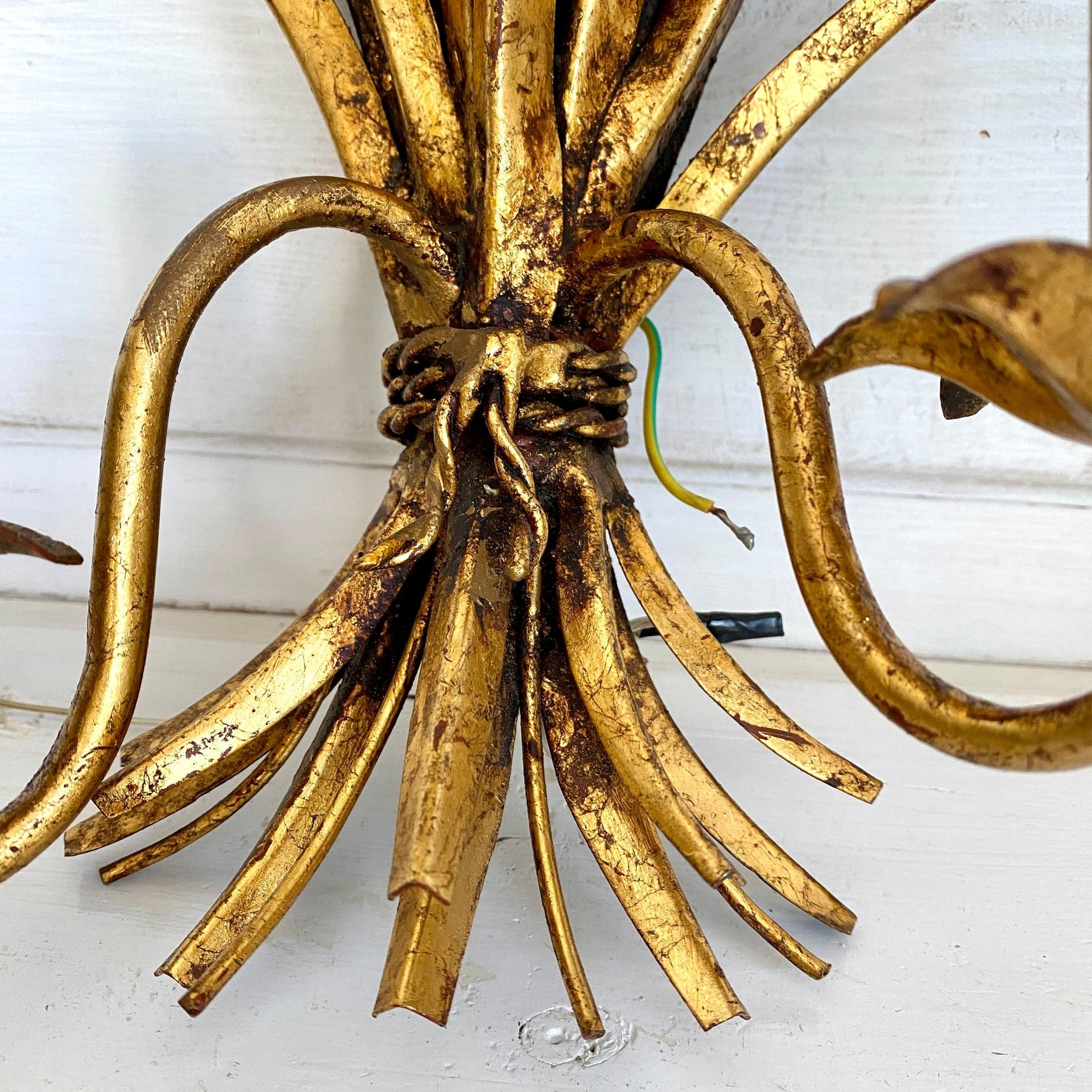 HANS KÖGL gilt tole wall lamps wheat sheaf pair bedside lights sconces with pull cord switch 1970s