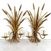HANS KÖGL gilt tole wall lamps wheat sheaf pair bedside lights sconces with pull cord switch 1970s