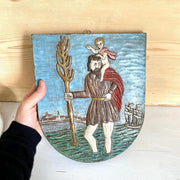 Heiligenbild Hl. Christophorus Gips Wandfigur Handbemalt Vintage
