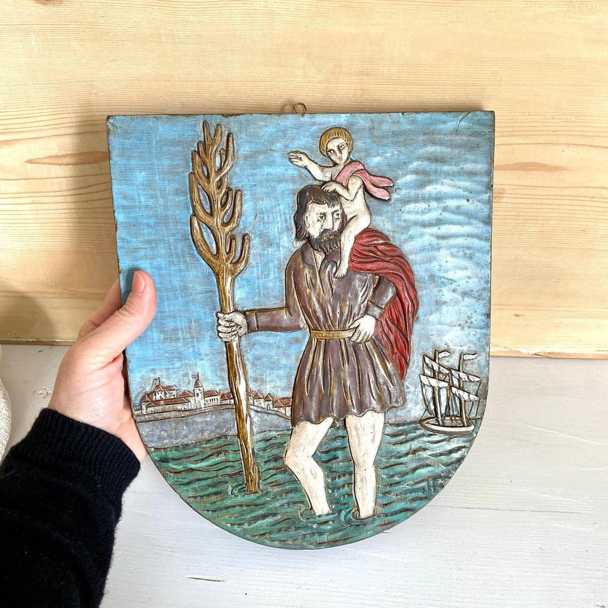 Heiligenbild Hl. Christophorus Gips Wandfigur Handbemalt Vintage