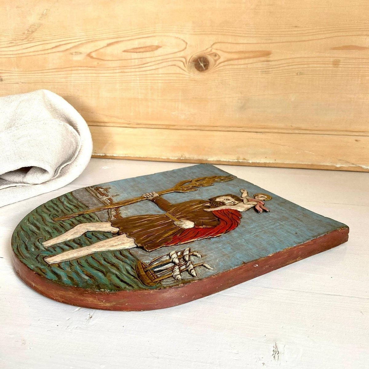 Heiligenbild Hl. Christophorus Gips Wandfigur Handbemalt Vintage